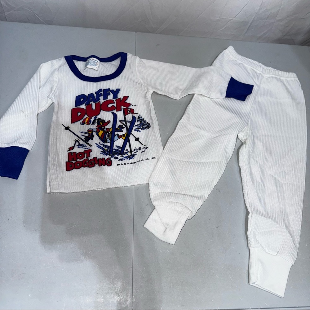Vintage 80s Daffy Duck Thermal Baby Pajama Set White Blue Long John’s 24 Months